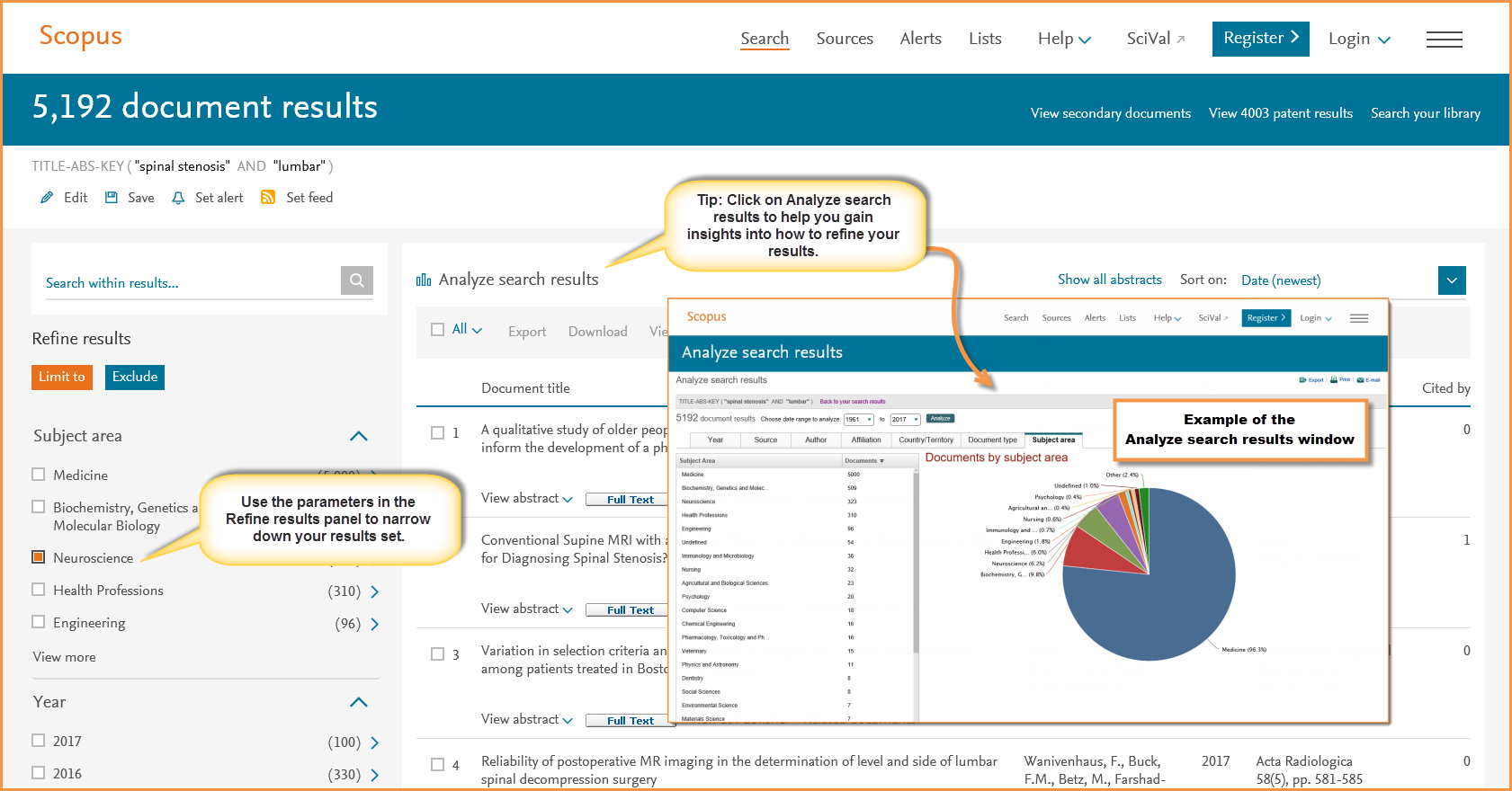 Figure showing an example of the Scopus document results and how to refine your search