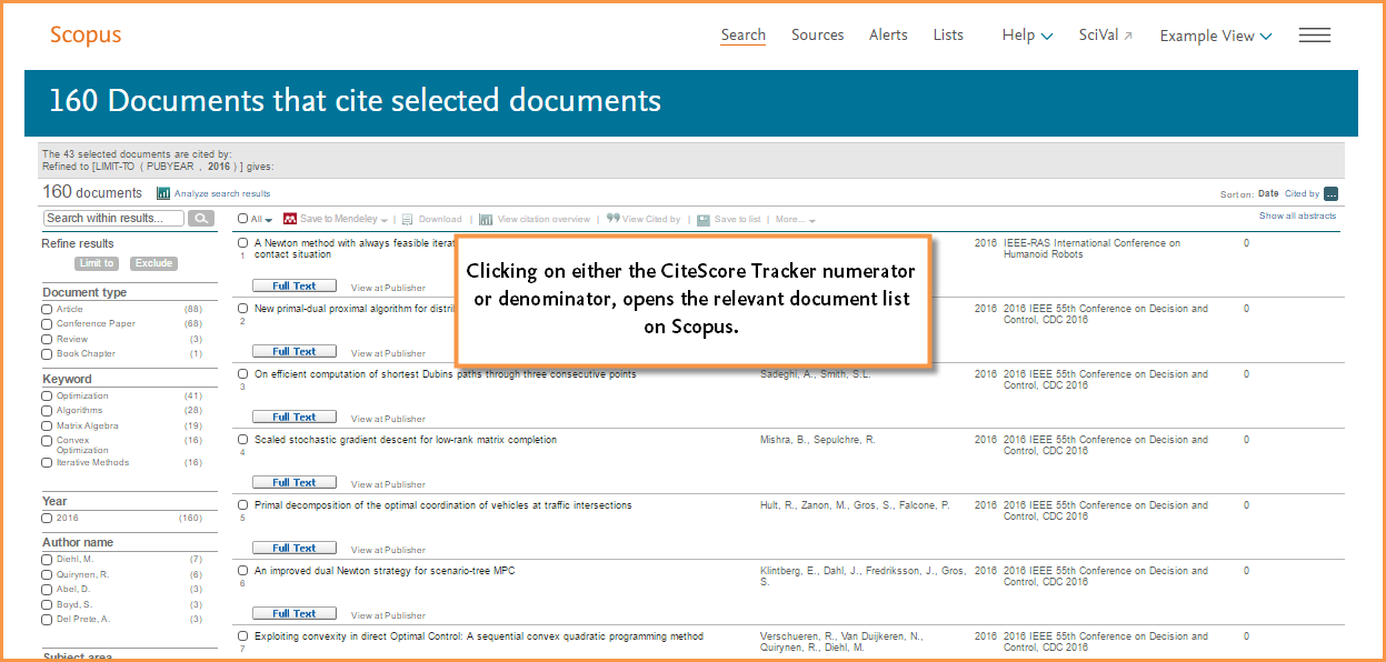 This image shows an example of the data set for the citations used in the Citation Tracker calculation. It opens in the Scopus search results page.