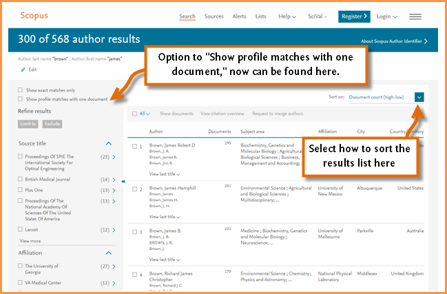 Image shows the changes to the author search results page on Scopus